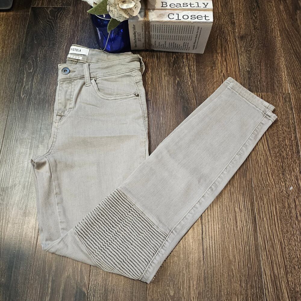 Pistola Jeans Taupe Mid-Rise Waist Skinny Ankle Acid Wash Moto Jean Stretch 27
